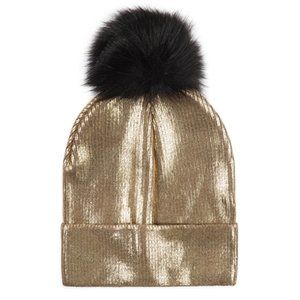 Gold with black metallic ribbed pom pom hat